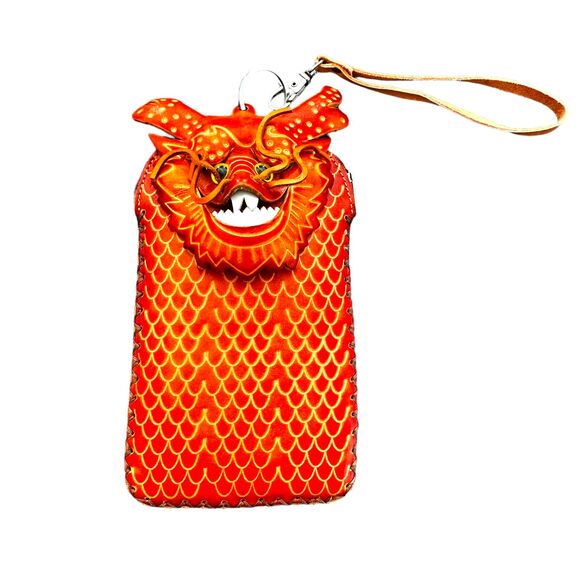 Vintage Handmade Red & Yellow Chinese Dragon Crossbody Bag w Two Straps OOAK - Picture 1 of 8